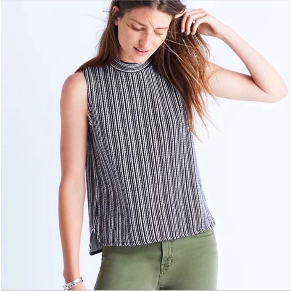 Madewell Striped Mockneck Cotton Tank Top, Small, Black and Cream